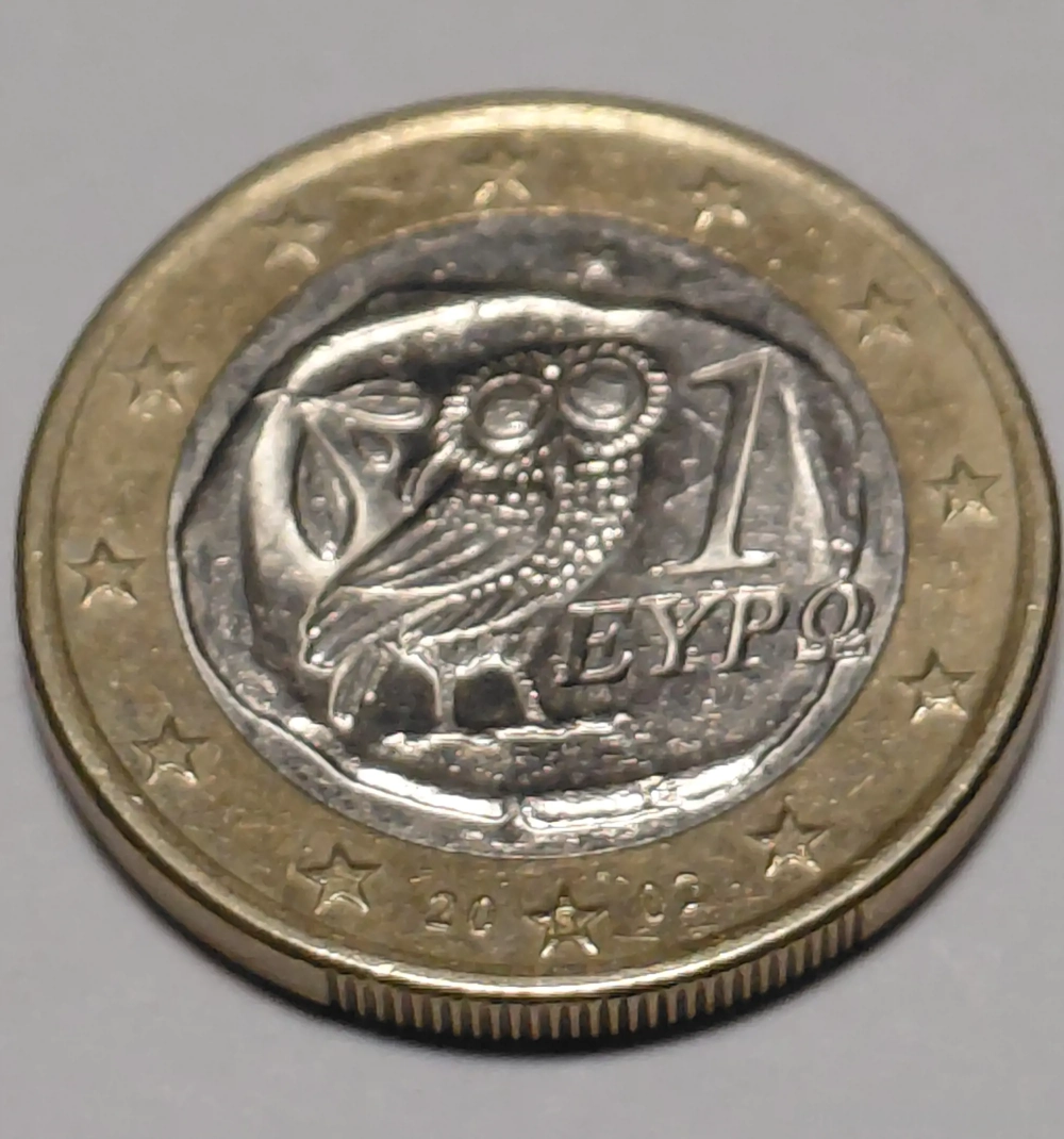 1 Euro Münze mit Eule aus Griechenland aus 2002 mit Länderkennung S im Stern 
