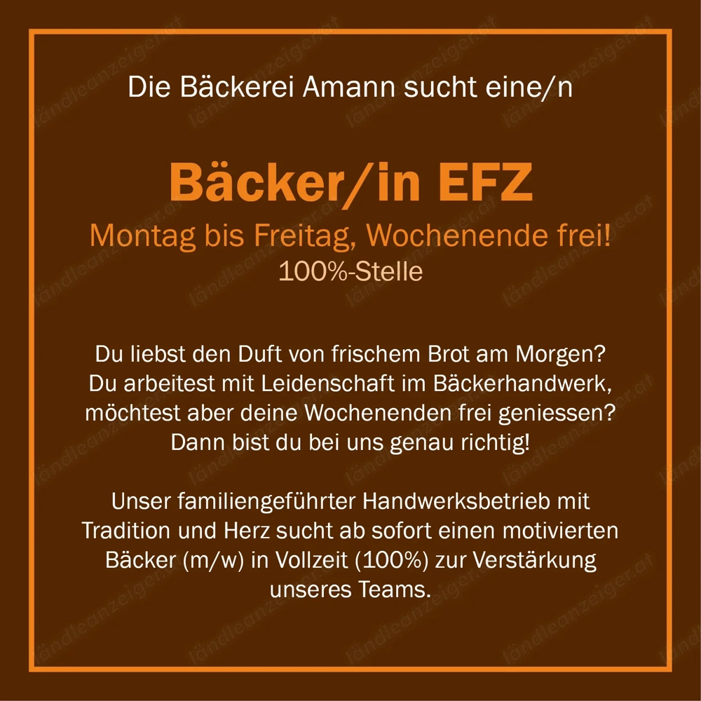 Bäcker in Liechtenstein gesucht, Wochenende frei!