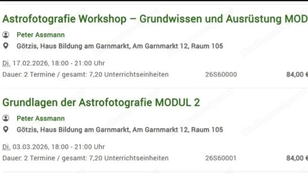 Astronomische Beobachtung und Fotografie Kurse 