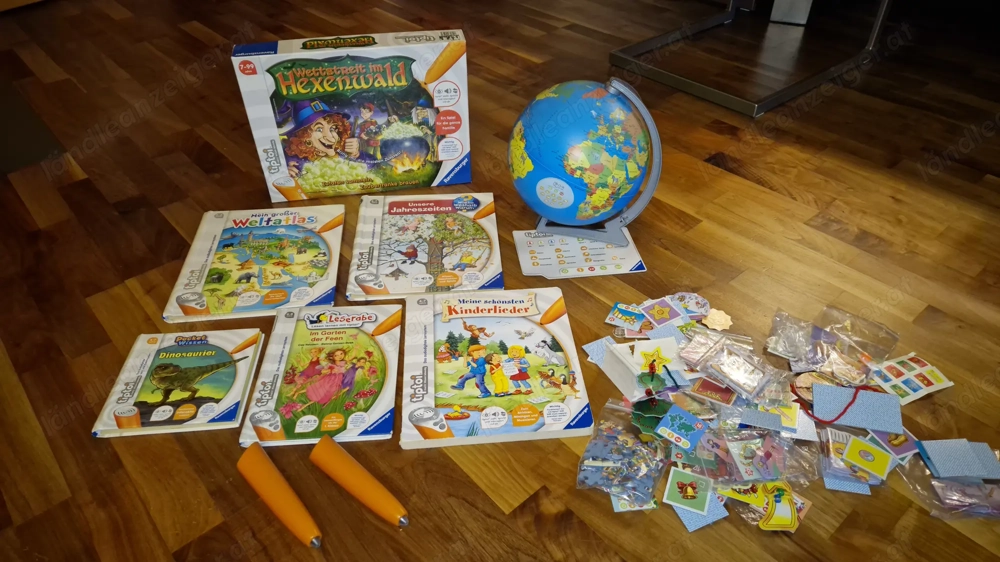 2 Tiptoi Stifte, 5 Bücher, 1 Spiel, 1 Globus und Adventskalender geöffnet