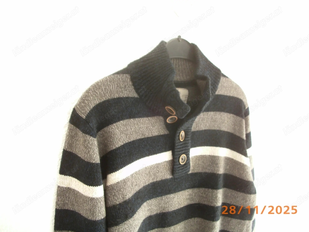 HERRENSTRICK Pullover Quergestreift Gr M   48 50 Stehkragen mit Knöpfen blau-grau