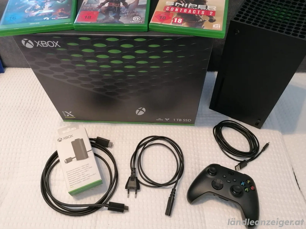 Microsoft Xbox Series X 1 TB Schwarz Zubehörpaket Controller Akku und Spiele