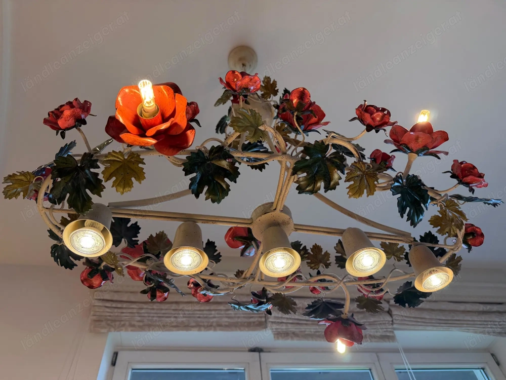9-flg. Pendelleuchte Rosenblüten mit Blättern im Florentiner Stil, HANDARBEIT