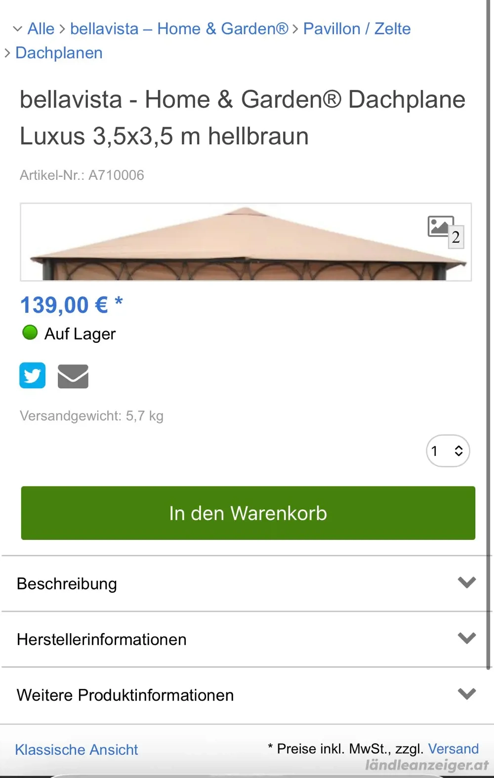 Pavillon 3,5 x3,5 Ersatzplane 