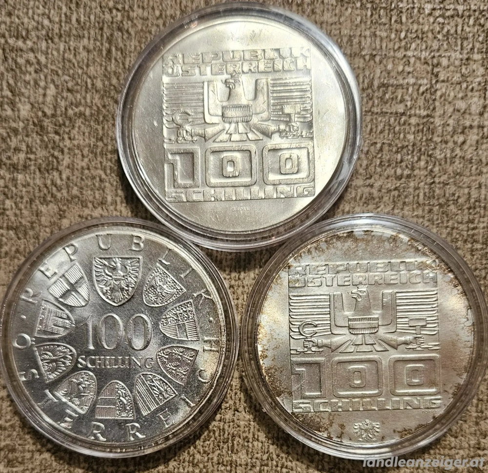 Silber Münzen Österreich, 3 Stück 100 Schilling Silber, 640 er Silber