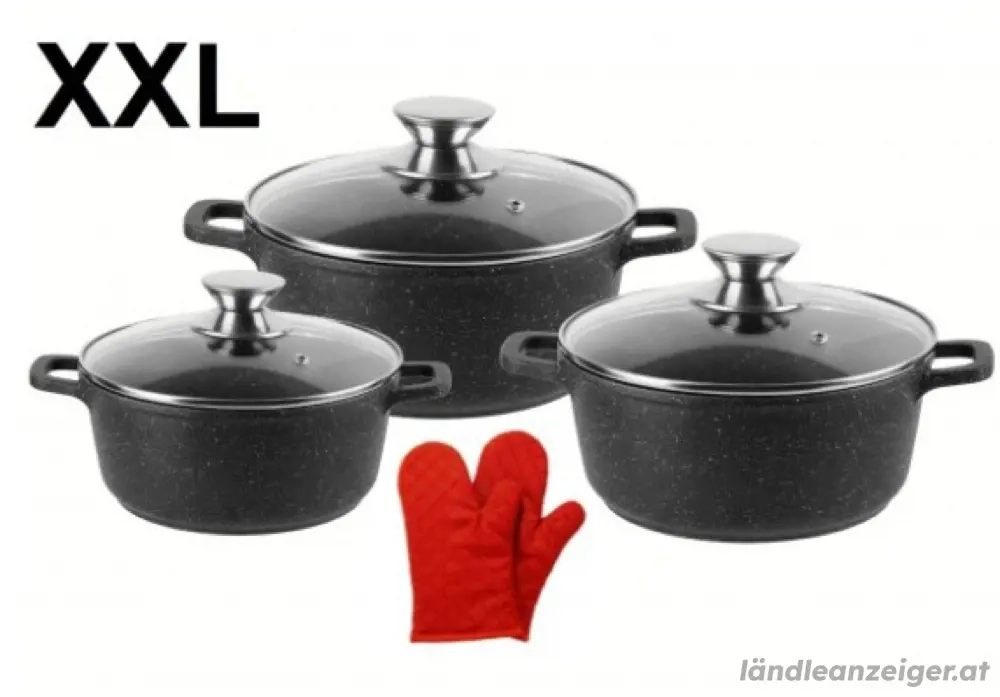 XXL Kochtopf Kasserolle Topf Set 6-tlg schwarz Glasdeckel Cheffinger CF-DCS-02