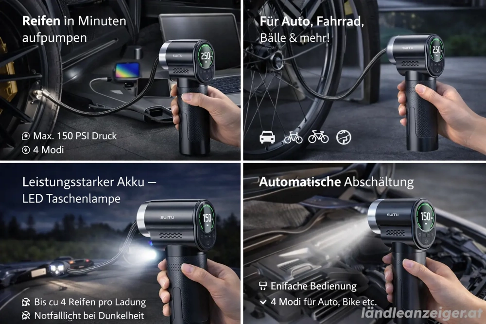 Elektrischer Luftkompressor | Tragbar | LED | 4 Programme