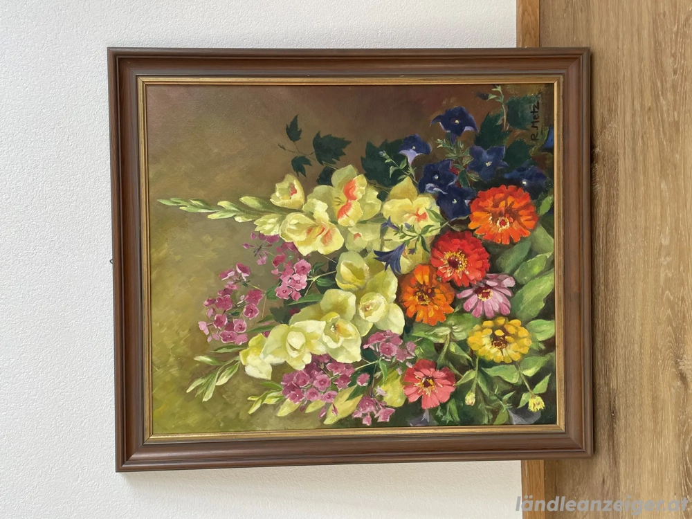 Handgemaltes Blumenstillleben - Ölgemälde auf Leinwand - signiert R. Metz - 70   80 cm - mit Rahmen