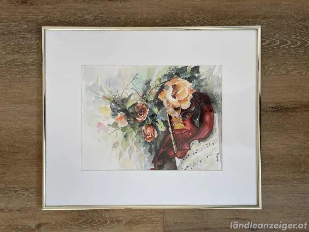 Geige mit Blumen - Aquarell   Mischtechnik - signiert M. Mathis - 50   61 cm - gerahmt