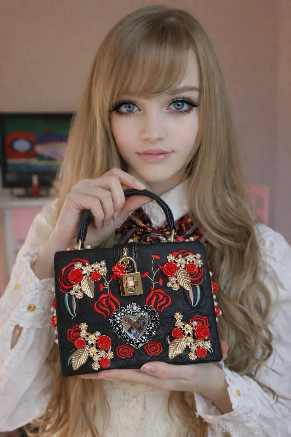 Elegante bestickte Handtasche im Vintage-Stil mit Rosen & Schmuckdetails