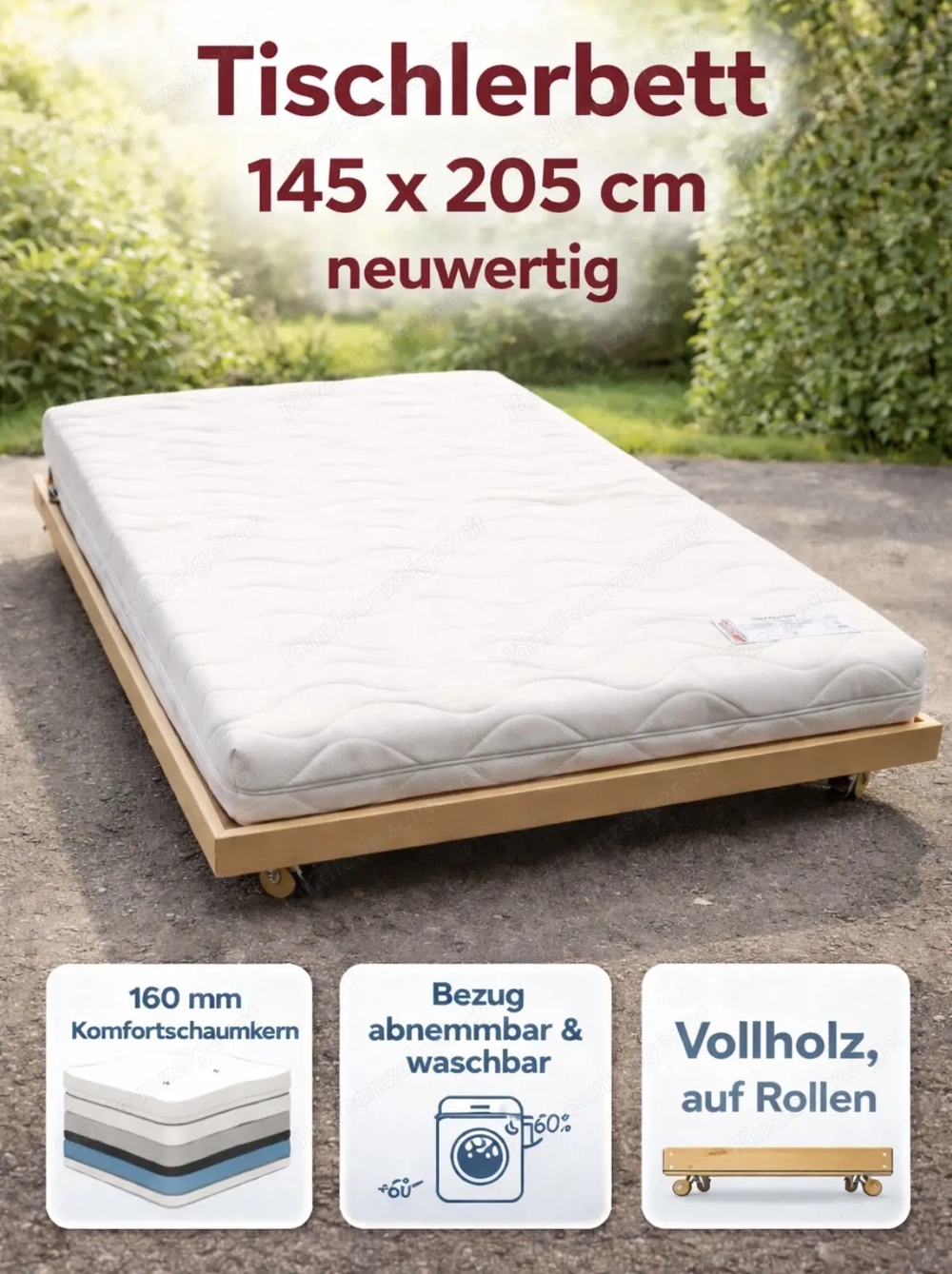 Tischlerbett 145 x 205 mit Matratze 