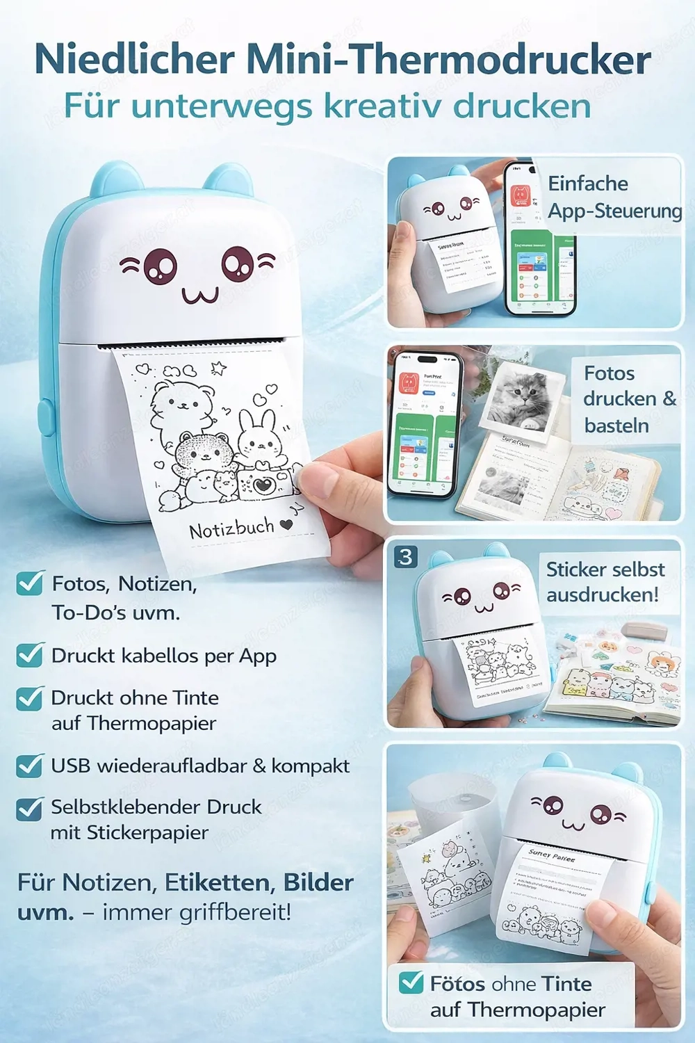 Niedlicher Mini-Thermodrucker   kabellos & ohne Tinte