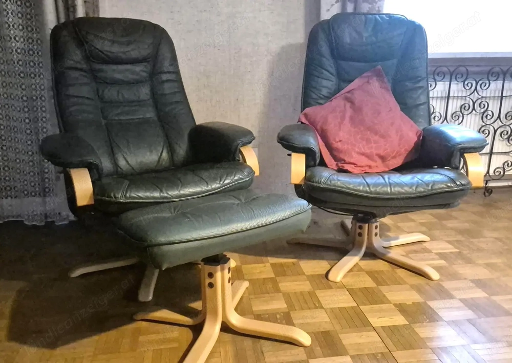 2x Bequeme Relaxsessel mit Hocker   Echtleder Dunkelgrün   Holz
