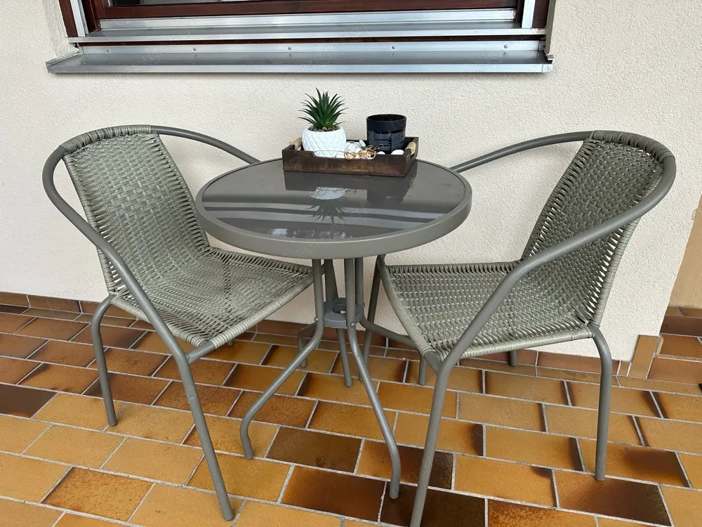 Balkon-Bistroset   Tisch mit Glasplatte & 2 Stühle