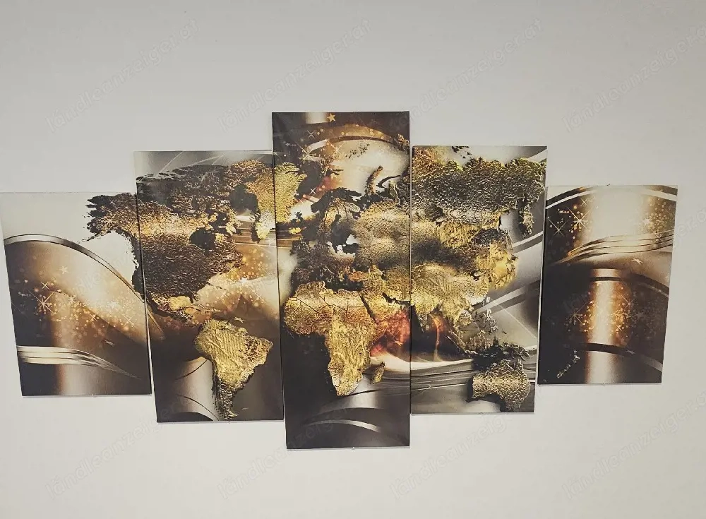 Moderne 5-teilige Wandbilder   Weltkarte in Gold-Optik   Top Zustand!