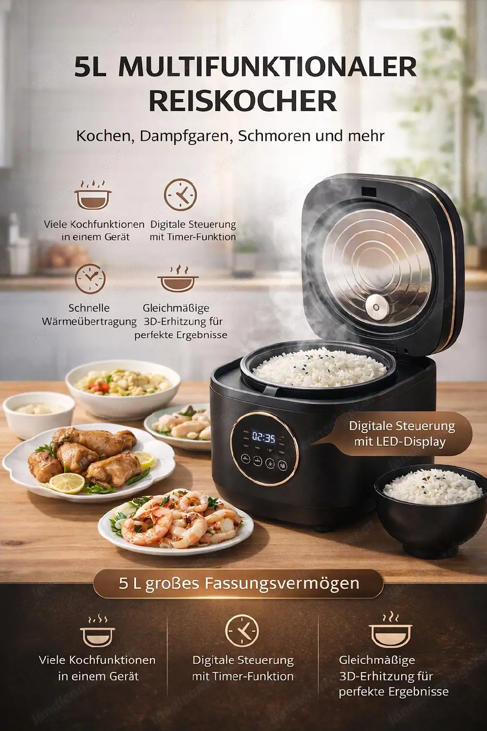 5L Multifunktionaler Reiskocher mit Digitaldisplay   Kochen, Dampfgaren & Schmoren