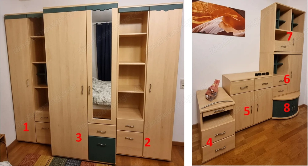 Kinder-  Jugendzimmer, Schränke komplettes Set (8 Teilig), Birke mit türkisen Elementen