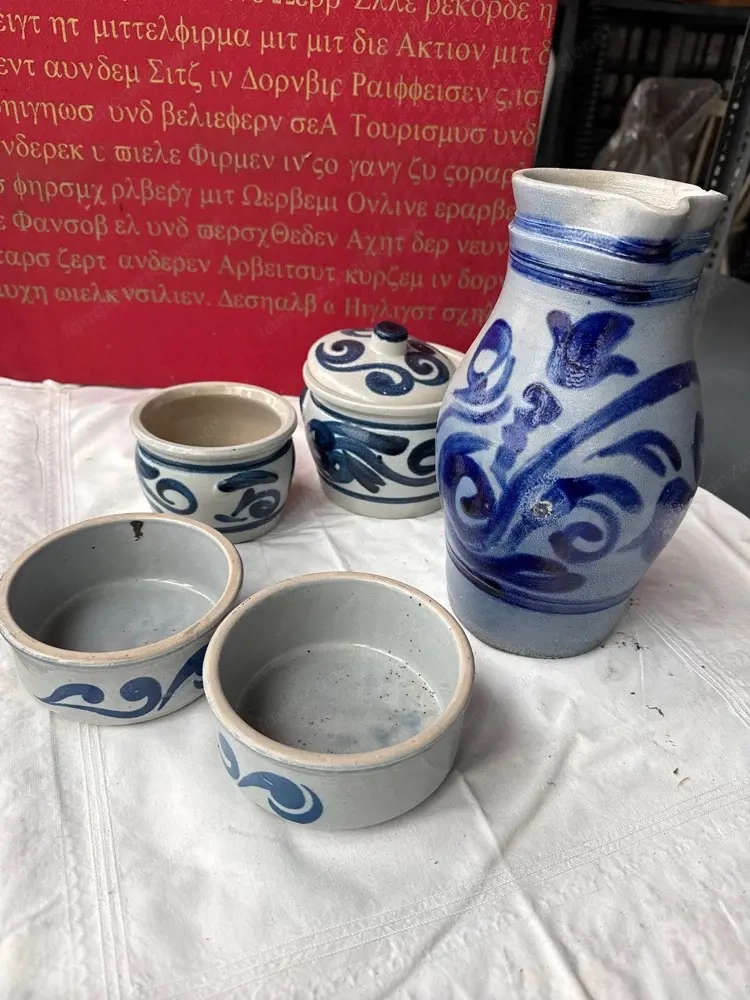 Handgefertigtes Westerwald Steinzeug   Krug & Schalen   Salzglasur blau