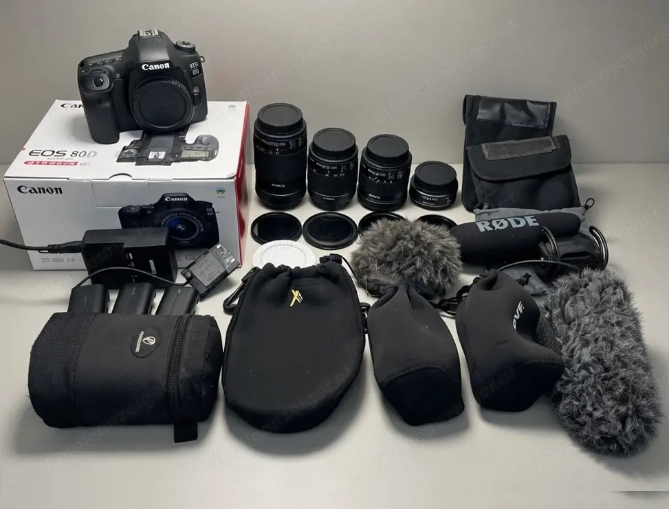 Canon EOS 80D + 4  STM-Objektive + Rode Mic + viel Zubehör   nur 12.572 Auslösungen   VB 950  