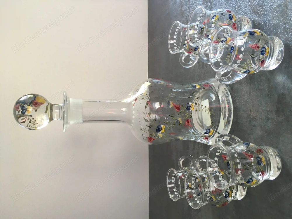 Schnaps-Set Glaskaraffe - Mundgeblasen - Handbemalt