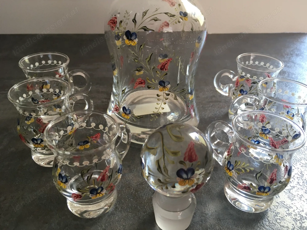 Schnaps-Set Glaskaraffe - Mundgeblasen - Handbemalt