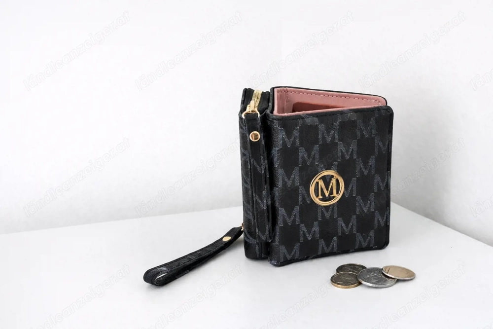 Damen Geldbörse kompakt schwarz   Kartenfach & Reißverschluss