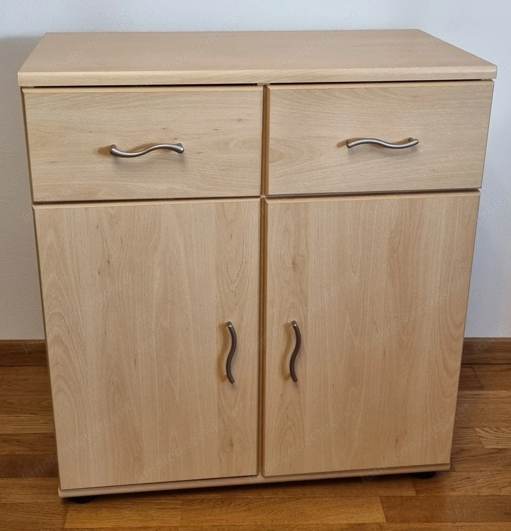 Kommode, Schrank 2 Schubladen, 2 Türen, Birkenoptik