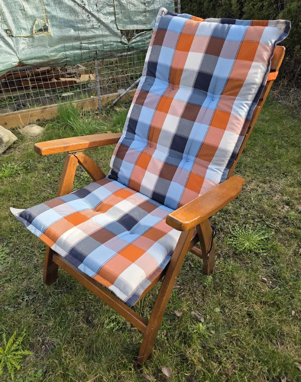 4 verstellbare Holz Gartenstühle Hochlehner mit Auflagen   sehr bequem