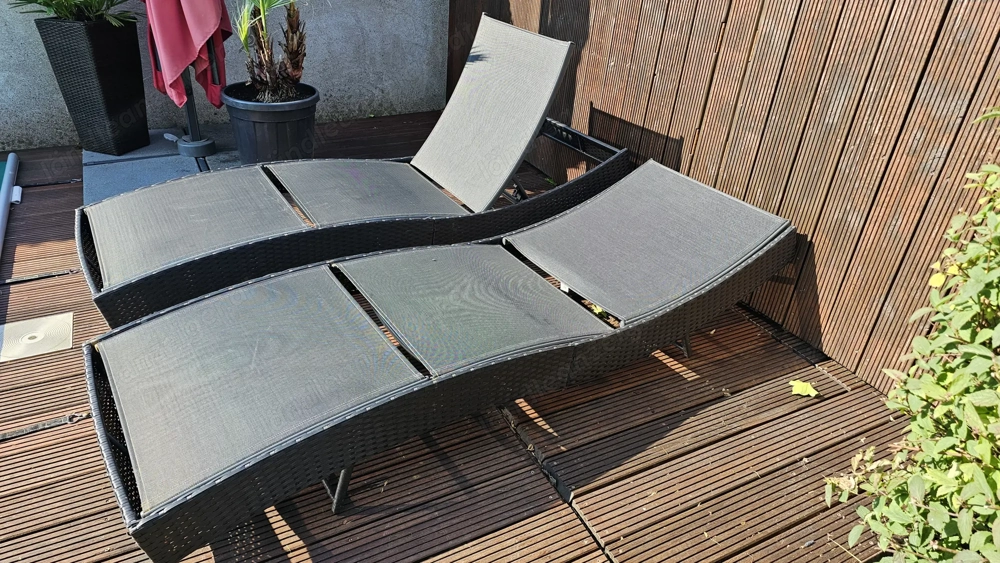 Sonnenliegen Rattan schwarz, 2 Stück