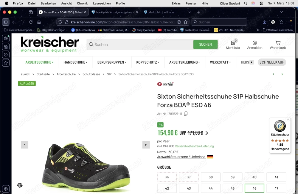 Sixton Sicherheitsschuhe S1P Halbschuhe Forza BOA  ESD 46