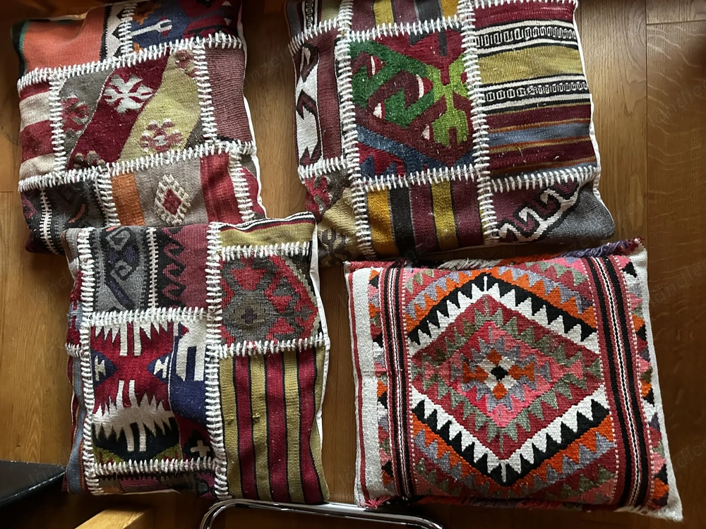 4 dekorative Kelim-Kissen   Patchwork-Kissen   handgewebte Optik