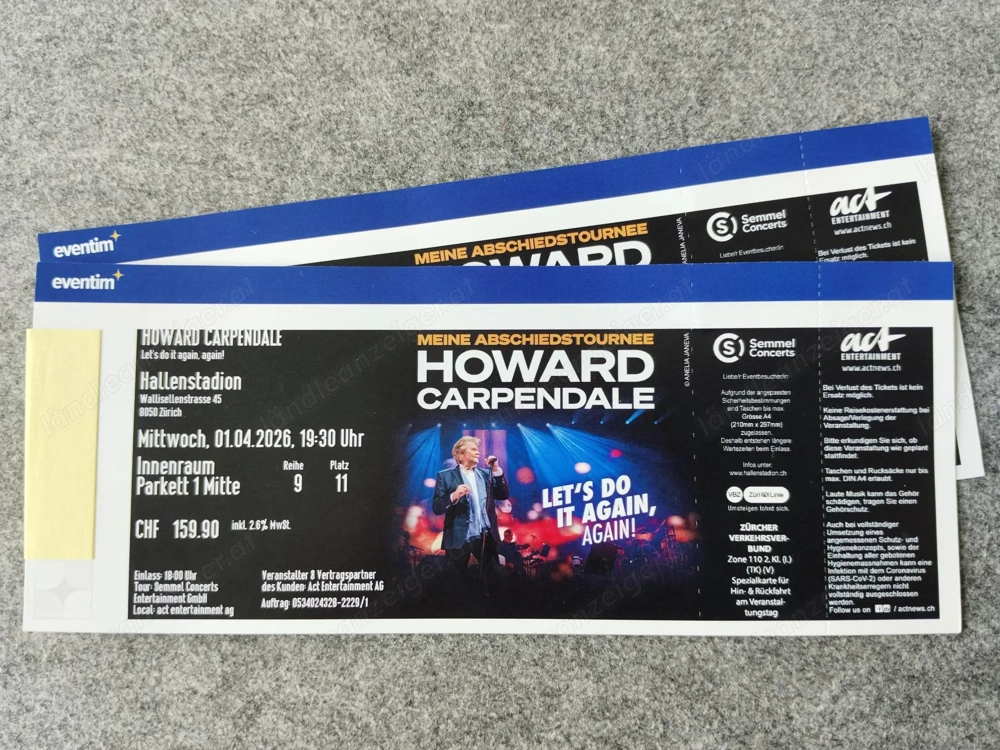 2 Tickets Howard Carpendale, 1.April 2026, Zürich