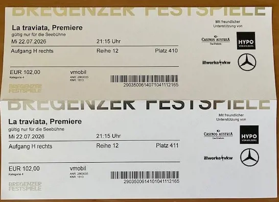 2 Tickets La Traviata Premiere Bregenzer Festspiele 22.Juli 2026
