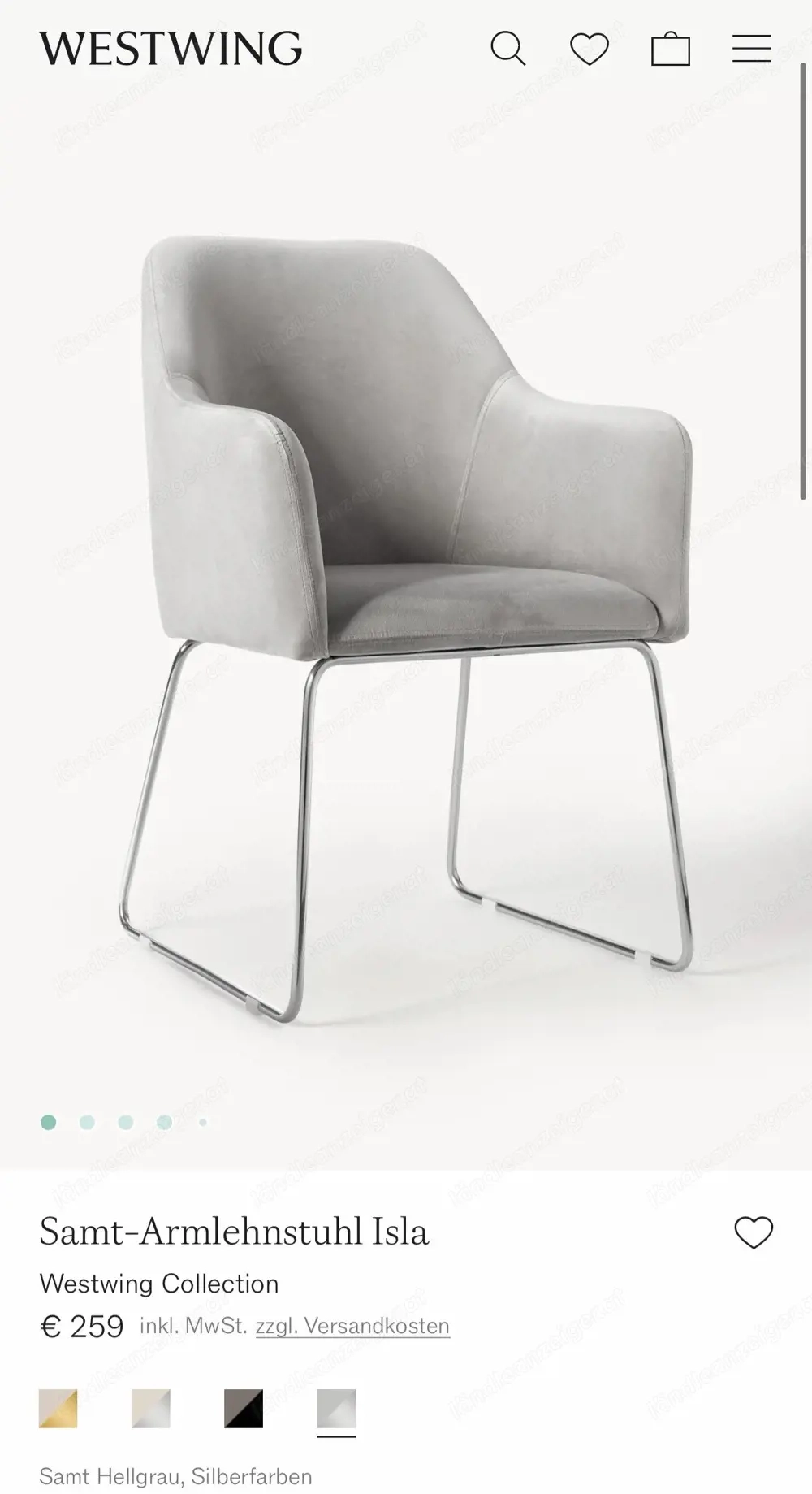 Samt-Armlehnstuhl Isla 2 Stück 300  VB   NEU:259  STK