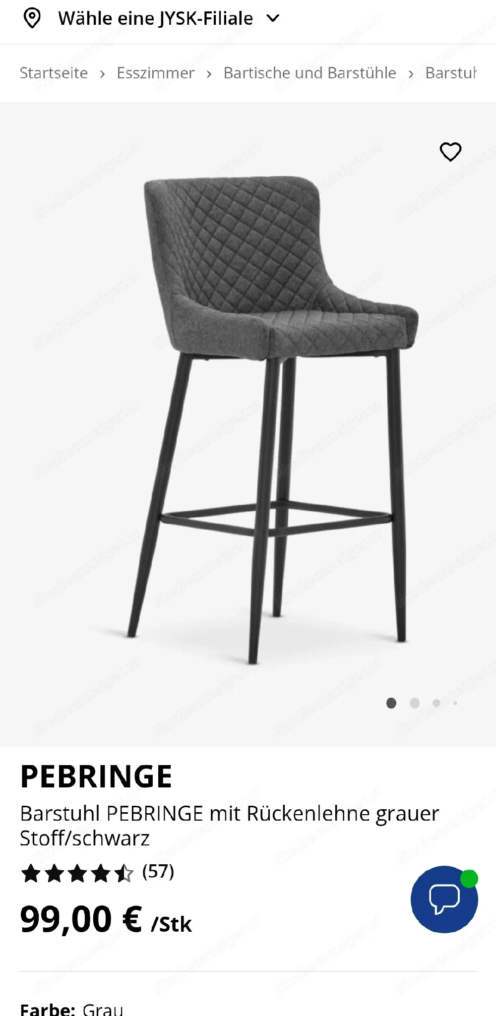 Barstuhl PEBRINGE mit Rückenlehne grauer Stoff schwarz