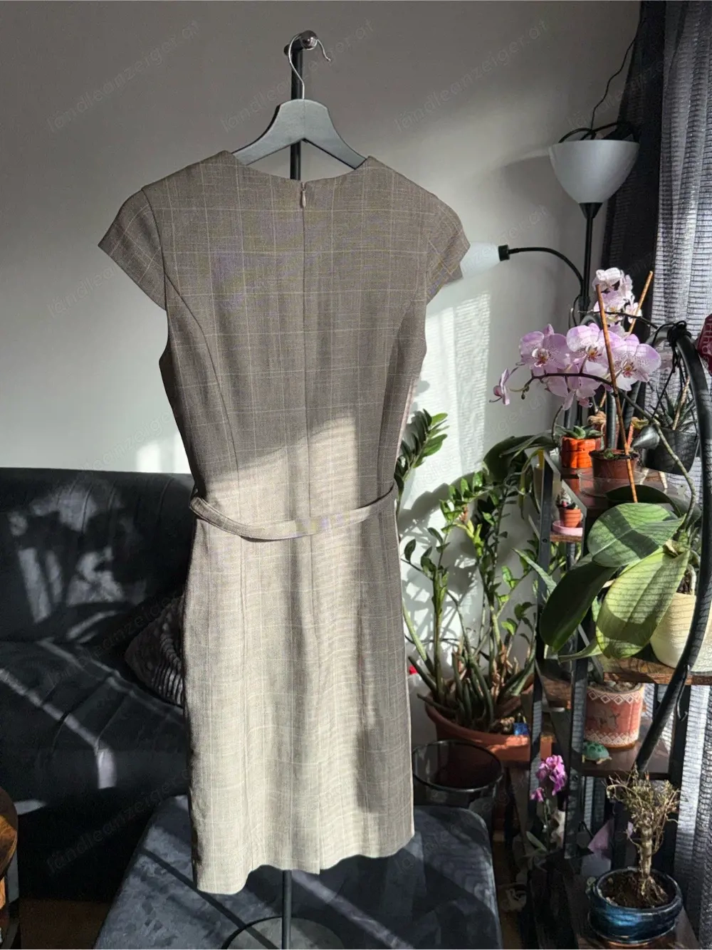 H&M Kleid grau kariert mit Kappenärmeln & Gürtel - elegant   Business