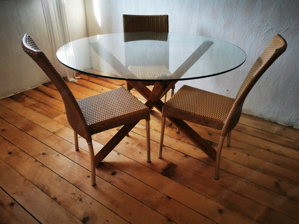 Runder Glastisch, Dreibein Akazie Untergestell 