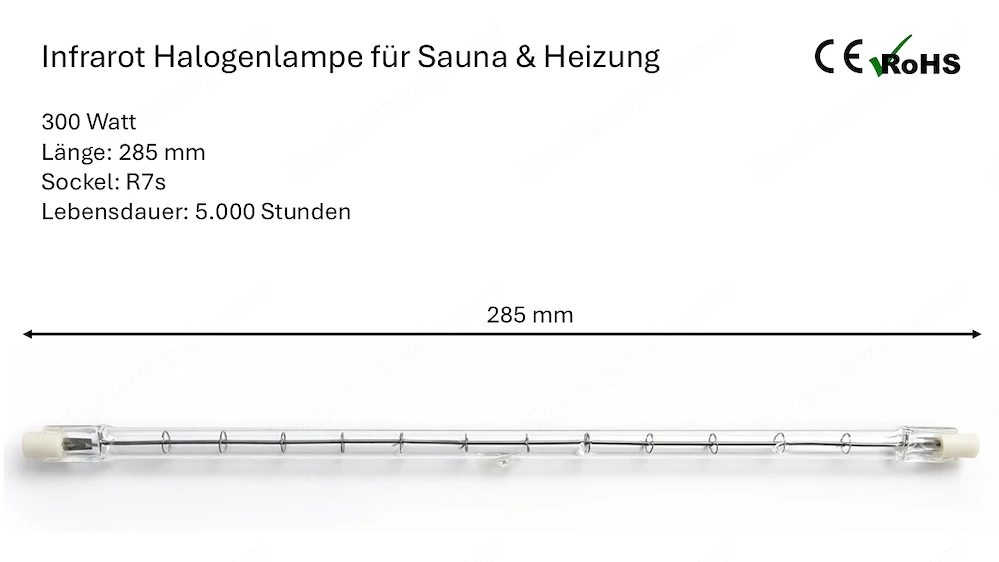5 Stück: 285 mm R7s 300 Watt Infrarot Halogenlampe für Sauna & Heizung