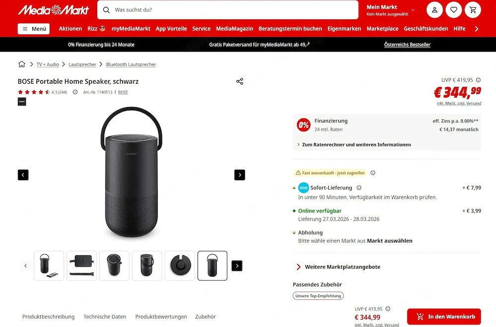 BOSE Portable Home Speaker, schwarz Bluetooth Lautsprecher