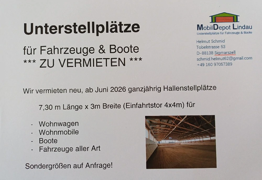 Hallenstellplätze zu vermieten 
