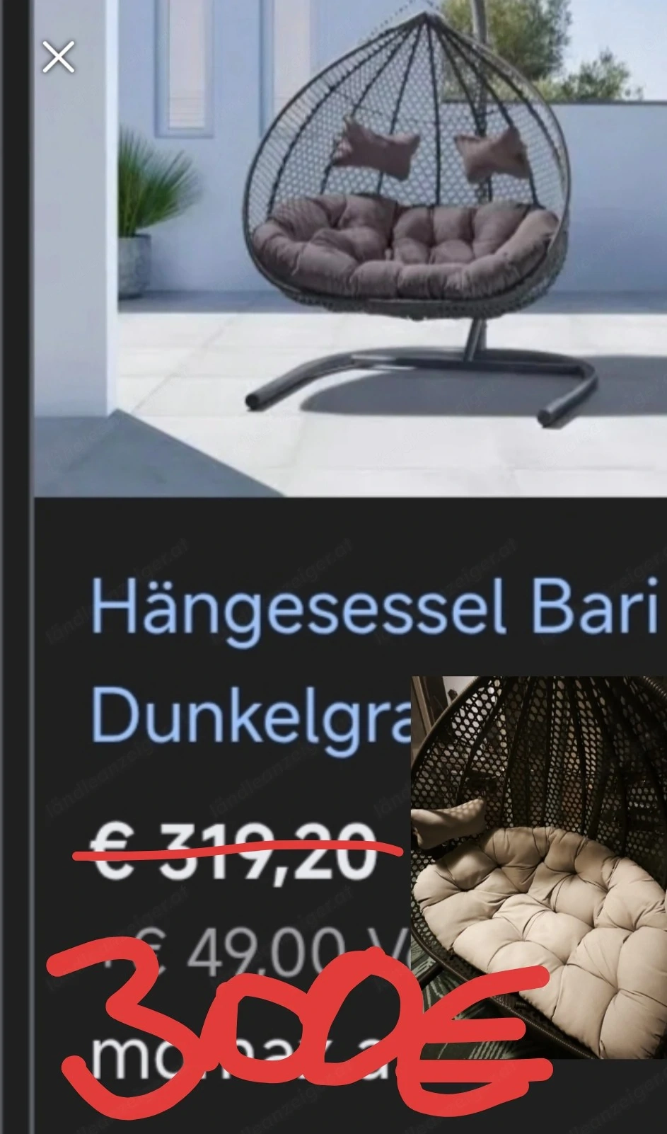 Hängesessel, wetterfest und UV-beständig für 2 Personen 