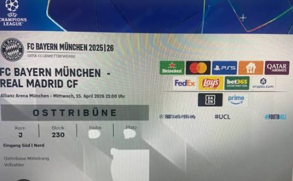2 ticket Bayern München vs real Madrid 15 04 2026