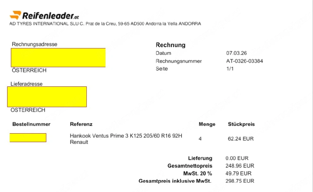 4 x Hankook Ventus Prime 3 K125 205 60 R16 92H