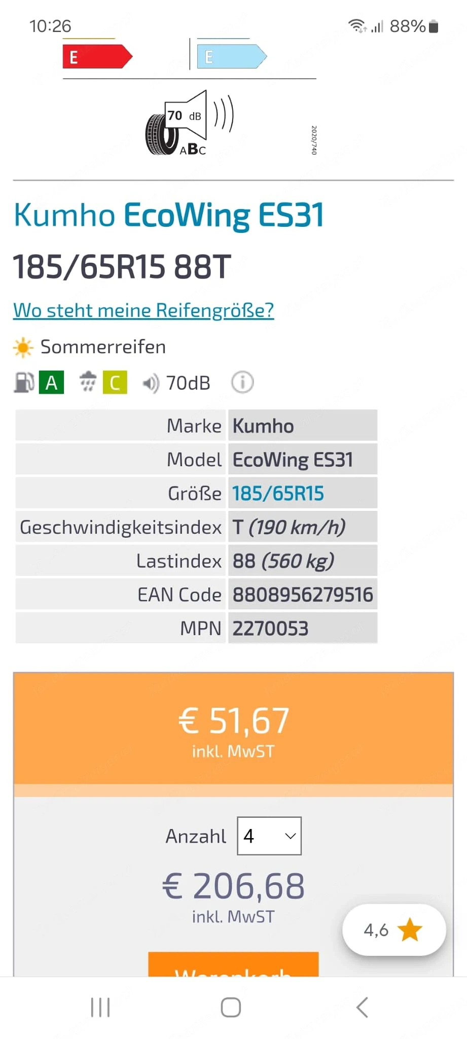 Reifen Sommer 185 65R15 88T