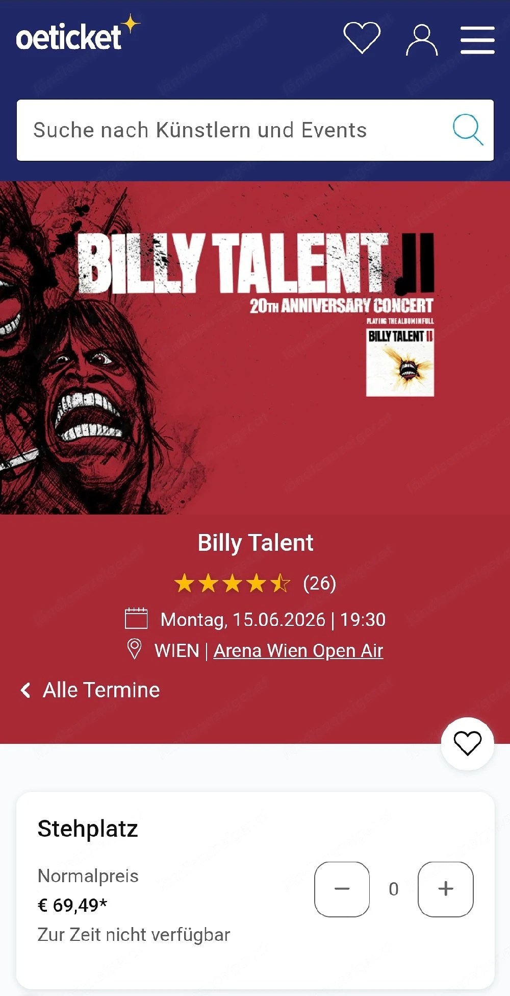Verkaufe 2x Tickets für Billy Talent Konzert in Wien am 15.06.26 