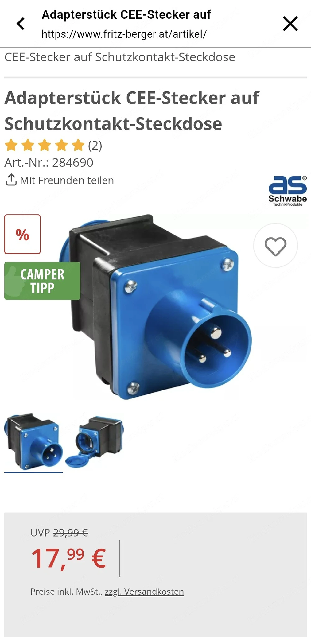 Festes Adapterstück CEE-Stecker auf Schutzkontakt-Steckdose mit Klappdeckel