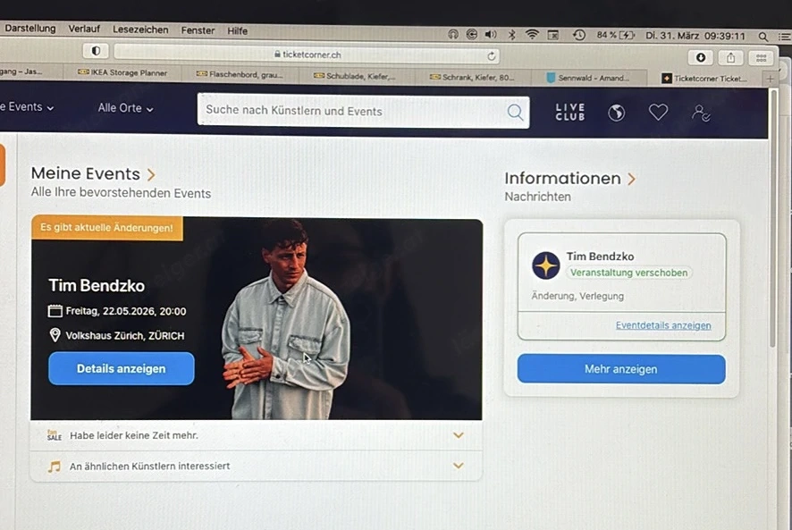 Tim Bendzko 2 Tickets am 22. Mai in Zürich (Reihe 5)