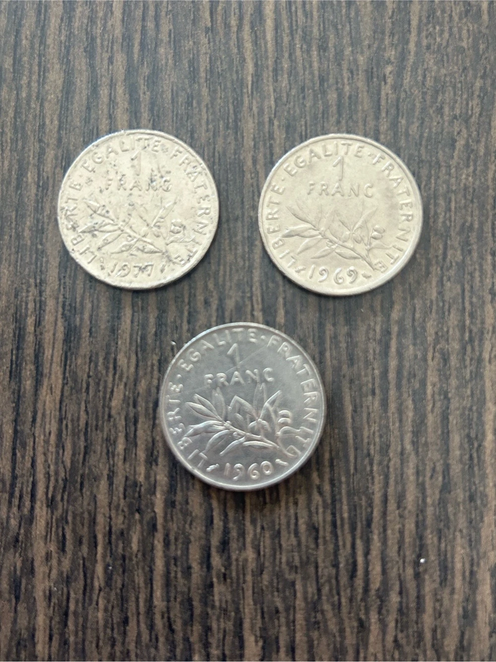 3 Münzen: 1 Franc Umlaufmünzen Frankreich