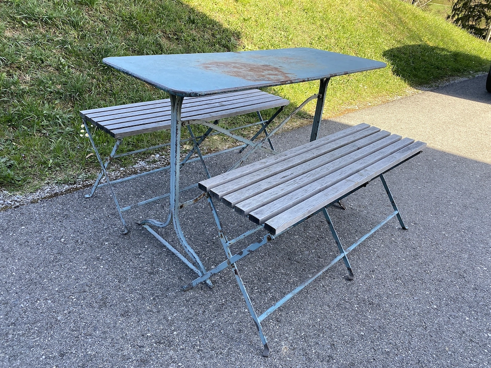 Gartengarnitur, 2 Bänke, 1 Tisch, Metall I Holz, Shabby