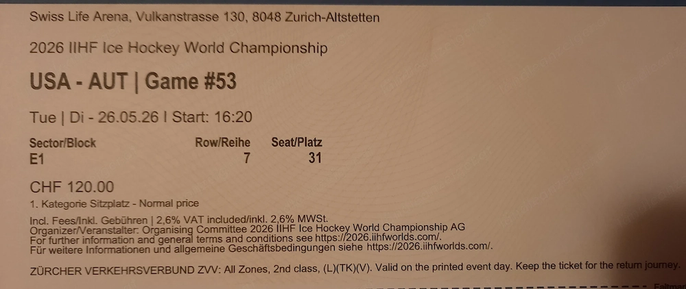 Eishockey WM Zürich 26.05.2026: USA - Österreich